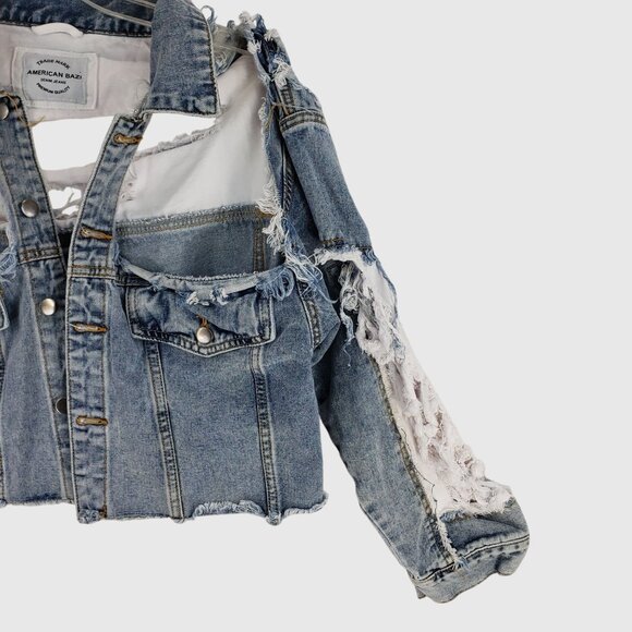 American Bazi Womens Cropped Distressed Denim Jacket Sz S - Picture 8 of 13